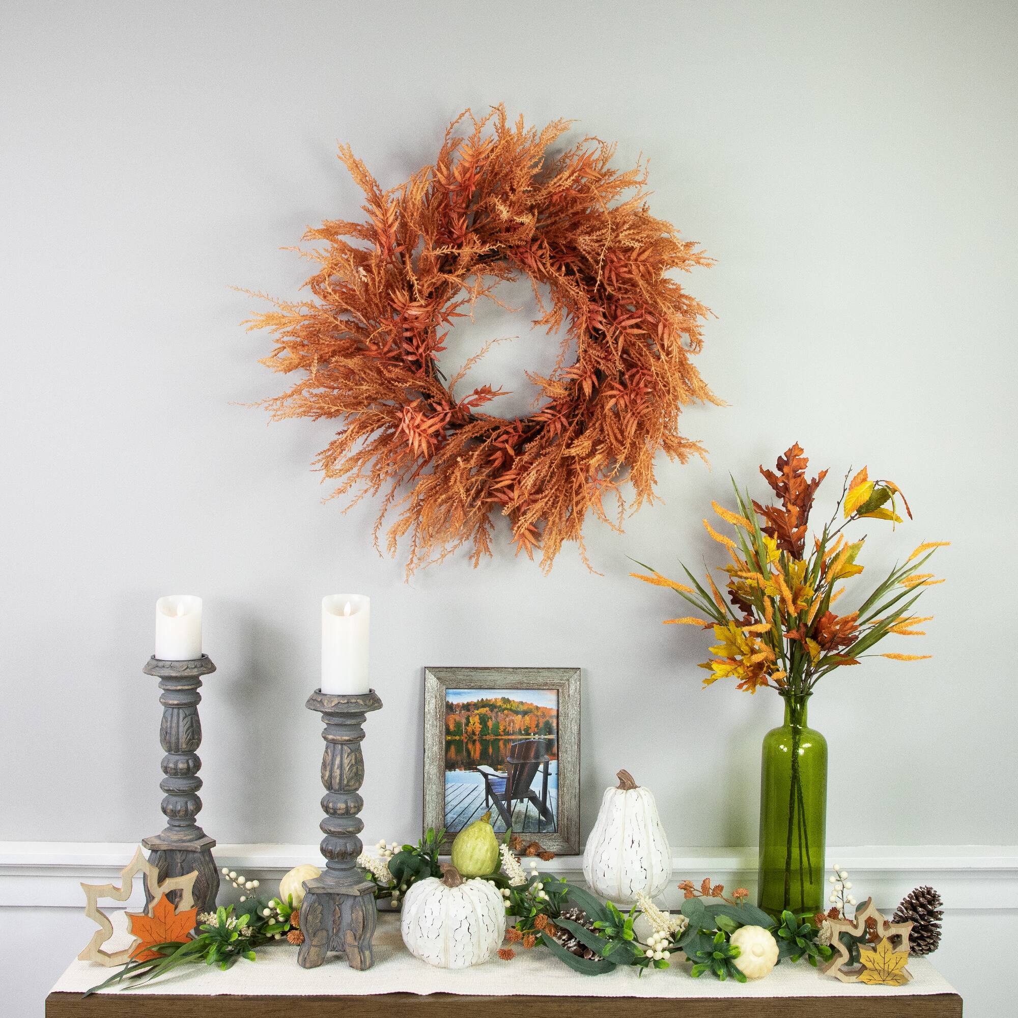 24" Peachy Pampas Grass Artificial Fall Harvest Wreath